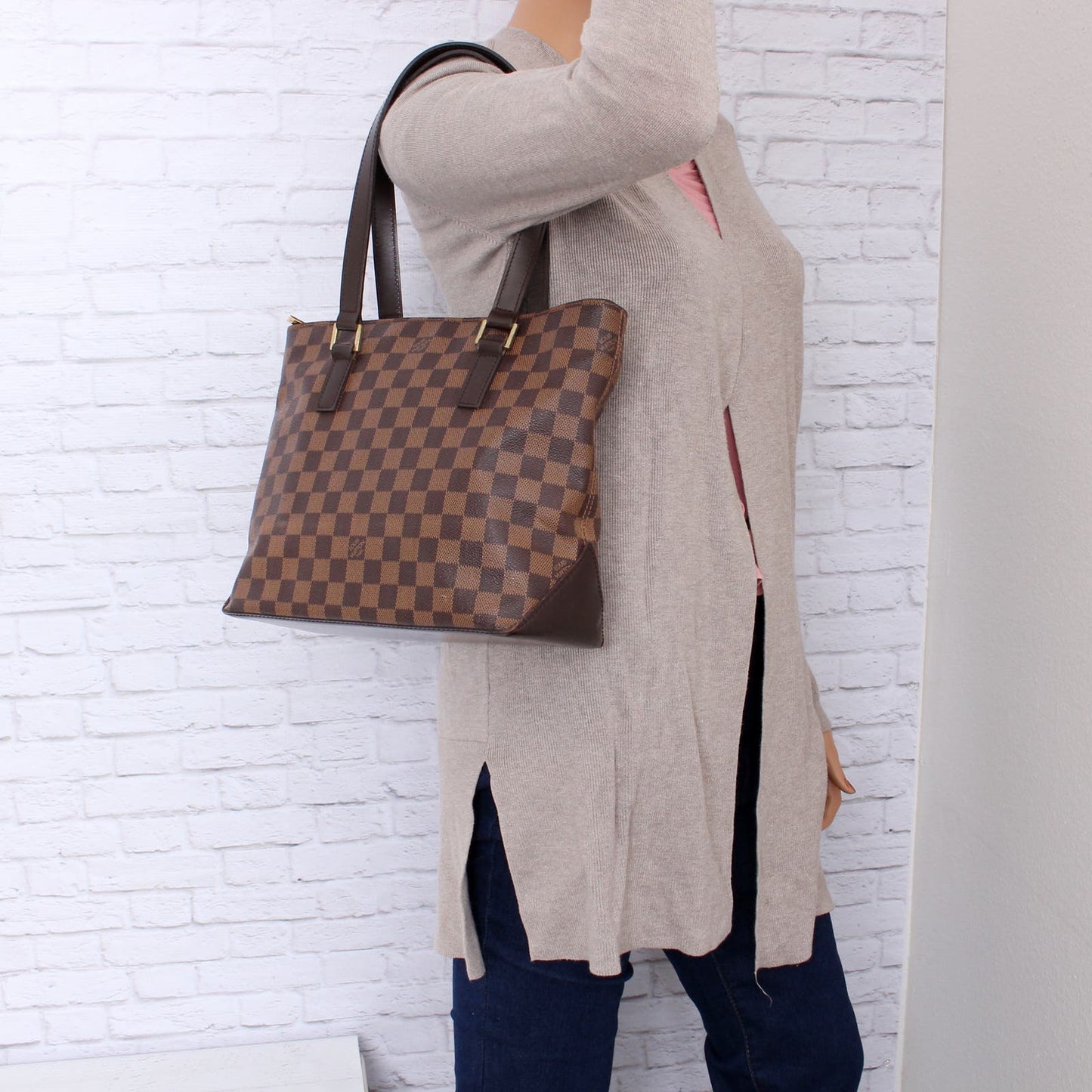 Louis Vuitton Cabas Piano Damier Ebene Tote Shoulder Bag Purse Brown
