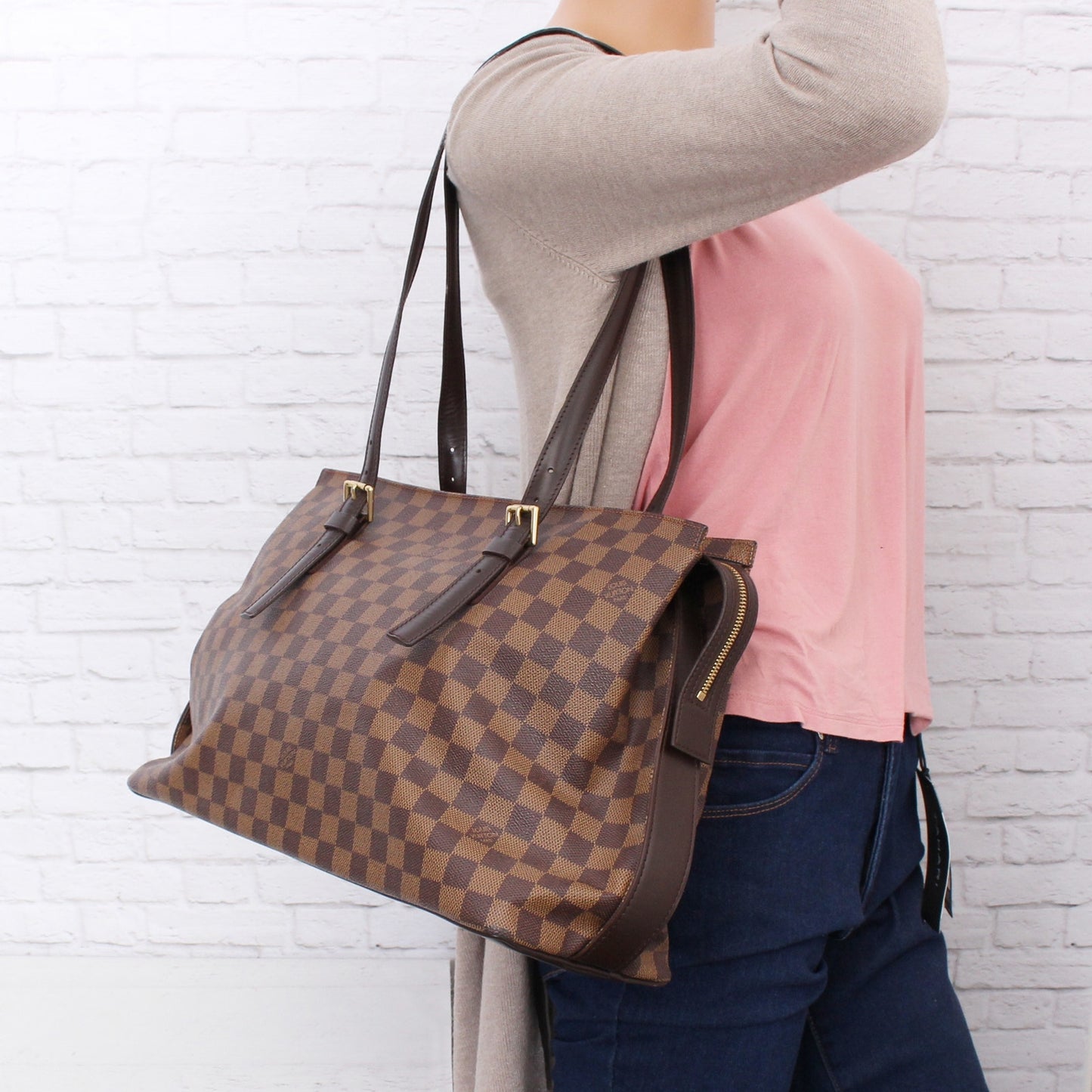 Louis Vuitton Chelsea Damier Ebene Shoulder Tote Purse Brown Large A5056