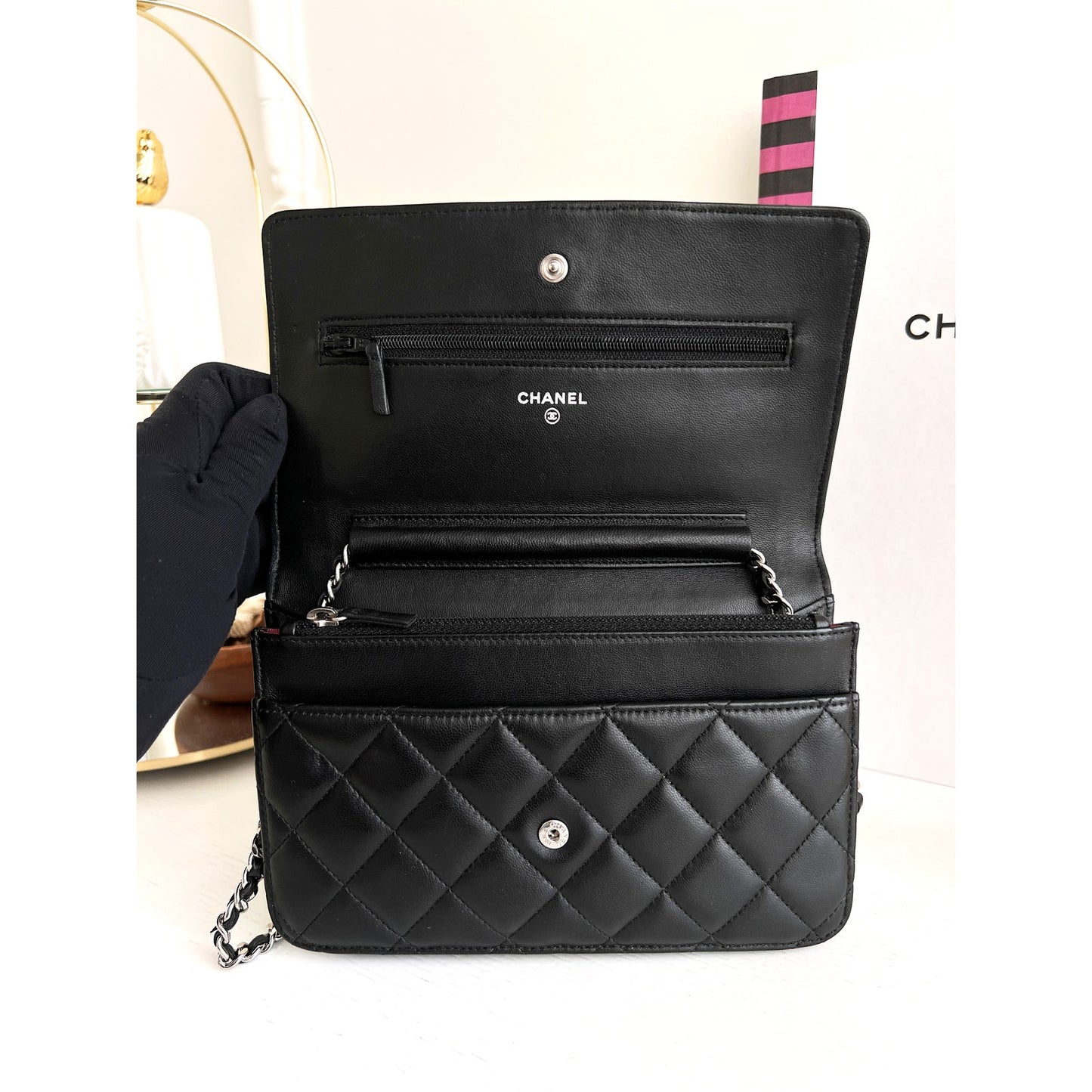 Authentic Chanel Woc Lambskin Crossbody Black Leather Clutch Chain Bag