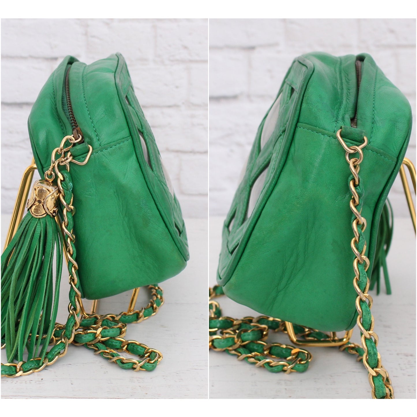 Chanel Vintage PVC Shoulder Bag Green Lambskin Leather Purse A2999