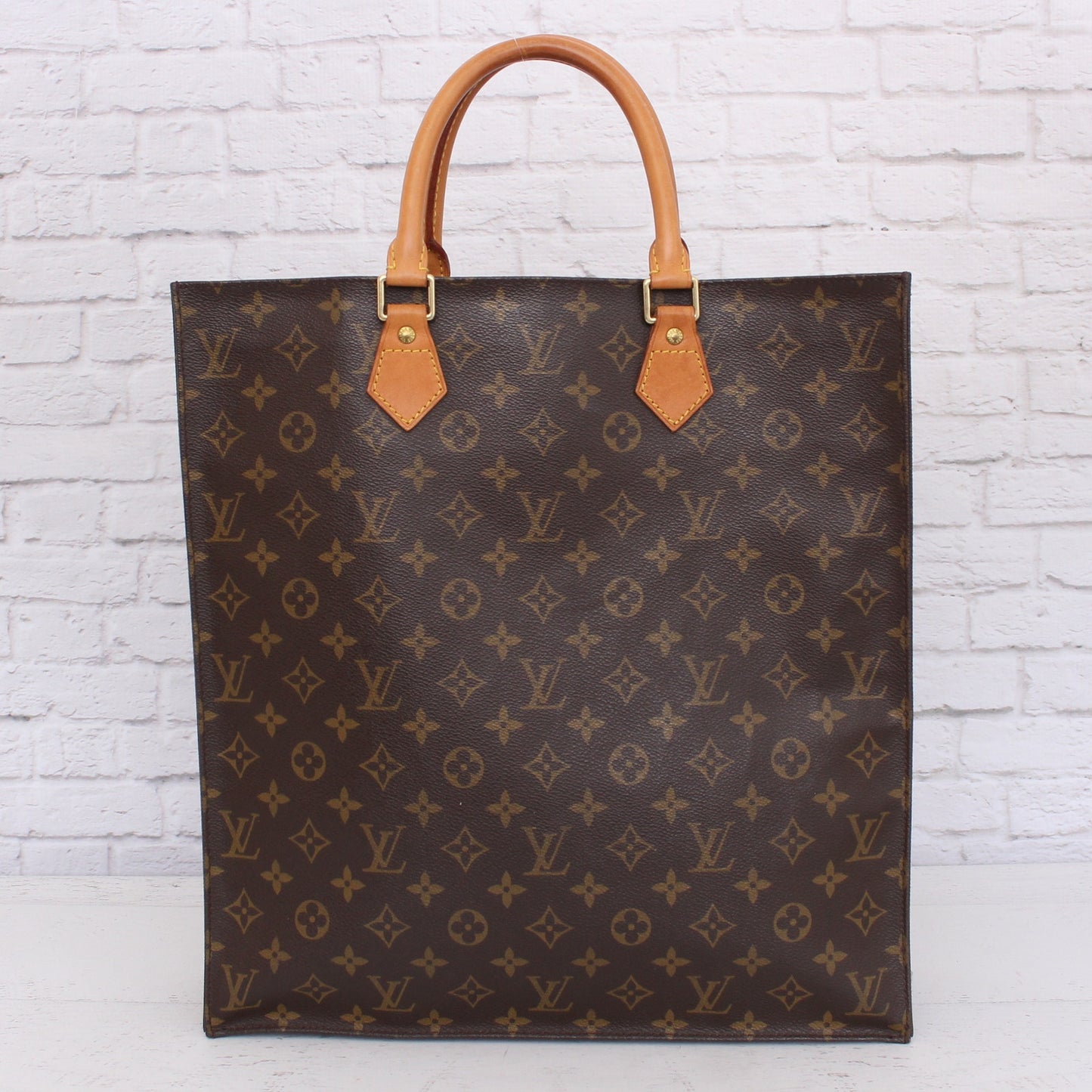 Louis Vuitton Sac Plat Monogram Satchel Shopper Brown Handbag Leather Tote A3986