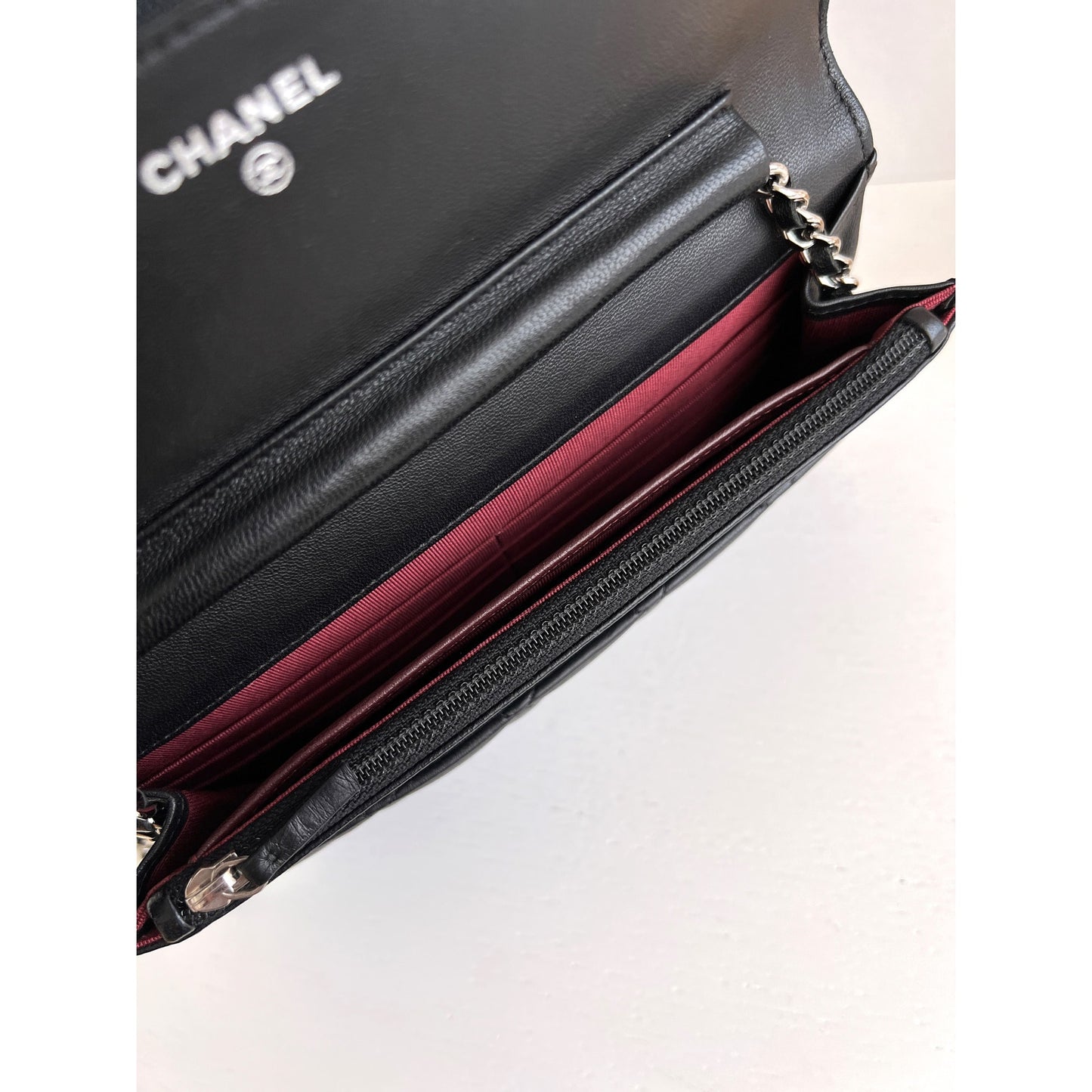 Authentic Chanel Woc Lambskin Crossbody Black Leather Clutch Chain Bag
