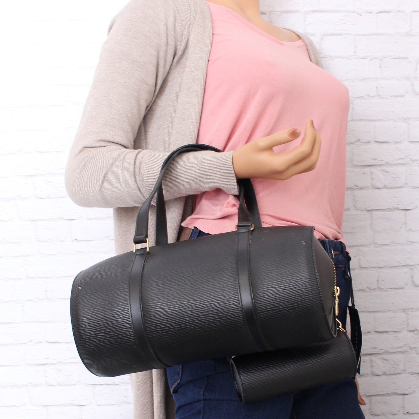 Louis Vuitton Papillon 30 Black Epi with Pouch Satchel Purse Handbag A3227