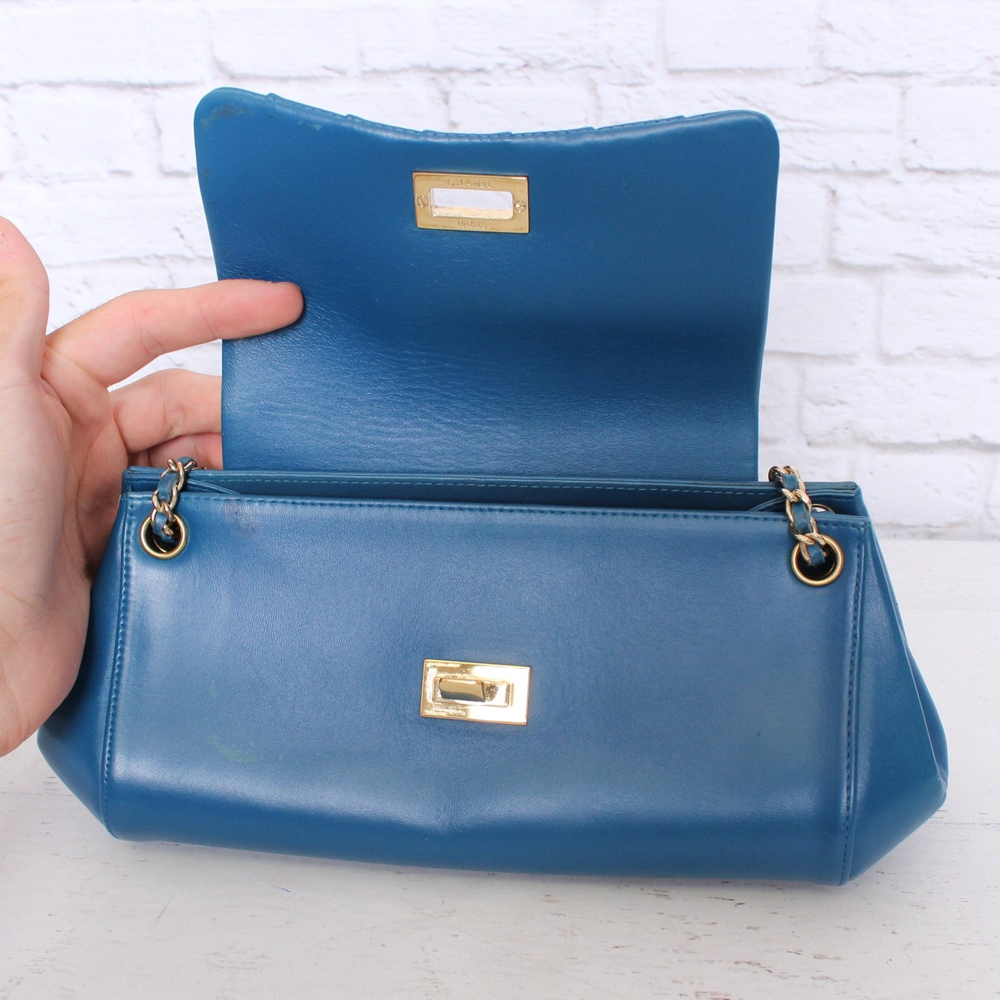 Chanel Mademoiselle Blue Lambskin Leather Shoulder Purse Handbag A4887