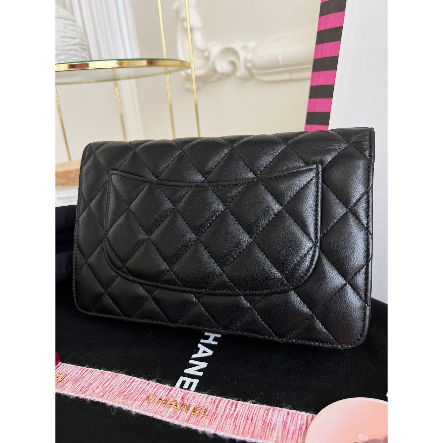 Authentic Chanel Woc Lambskin Crossbody Black Leather Clutch Chain Bag