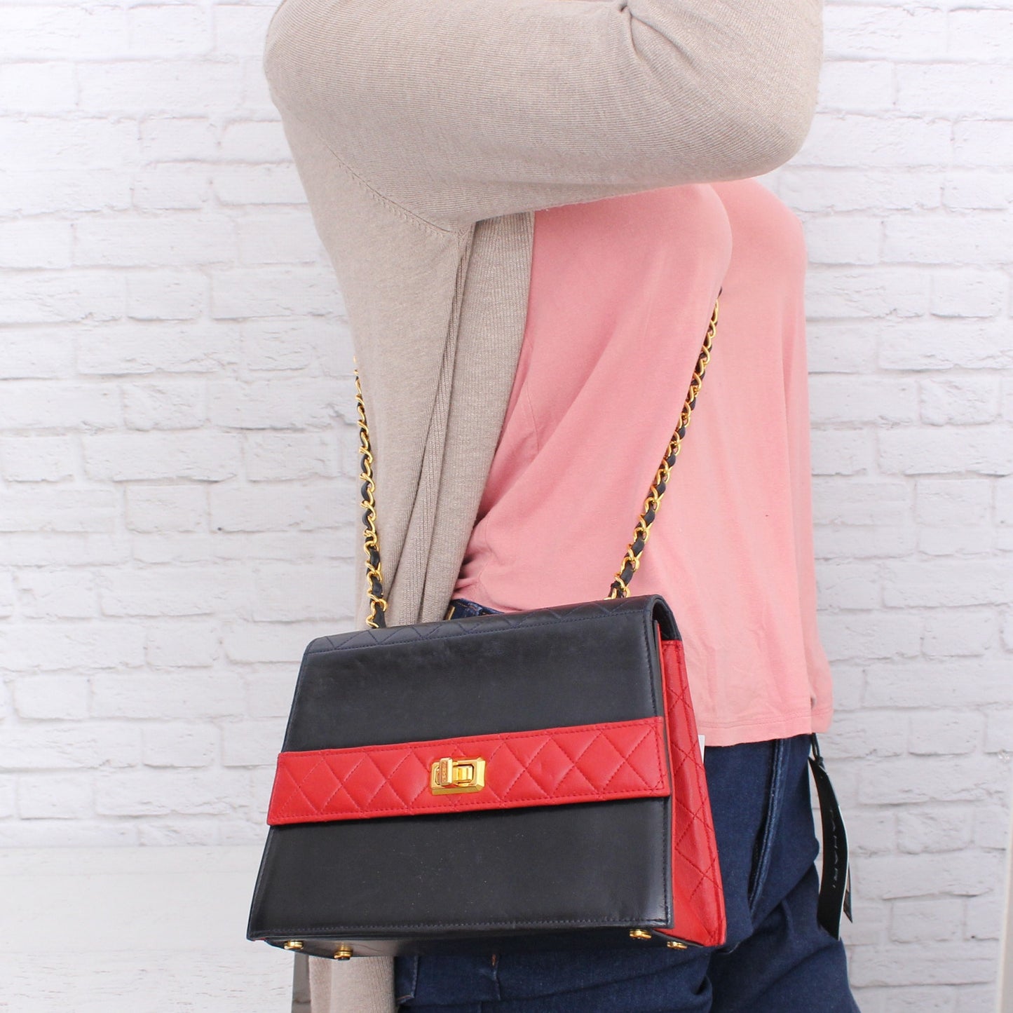 Chanel Trapezoid Flap Bag Two Tone Lambskin Leather Shoulder Crossbody Bag A4695