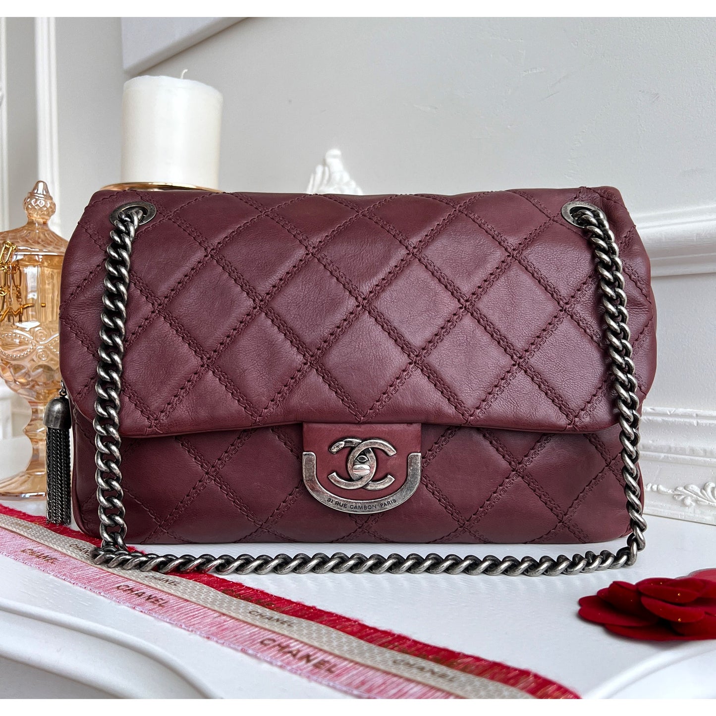 Authentic Chanel Flap Cambon 31 Rue Leather Burgundy Maroon Crossbody