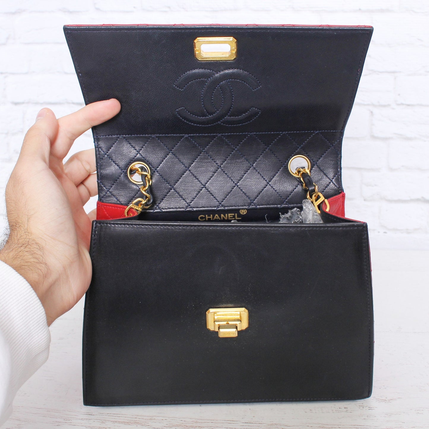 Chanel Trapezoid Flap Bag Two Tone Lambskin Leather Shoulder Crossbody Bag A4695