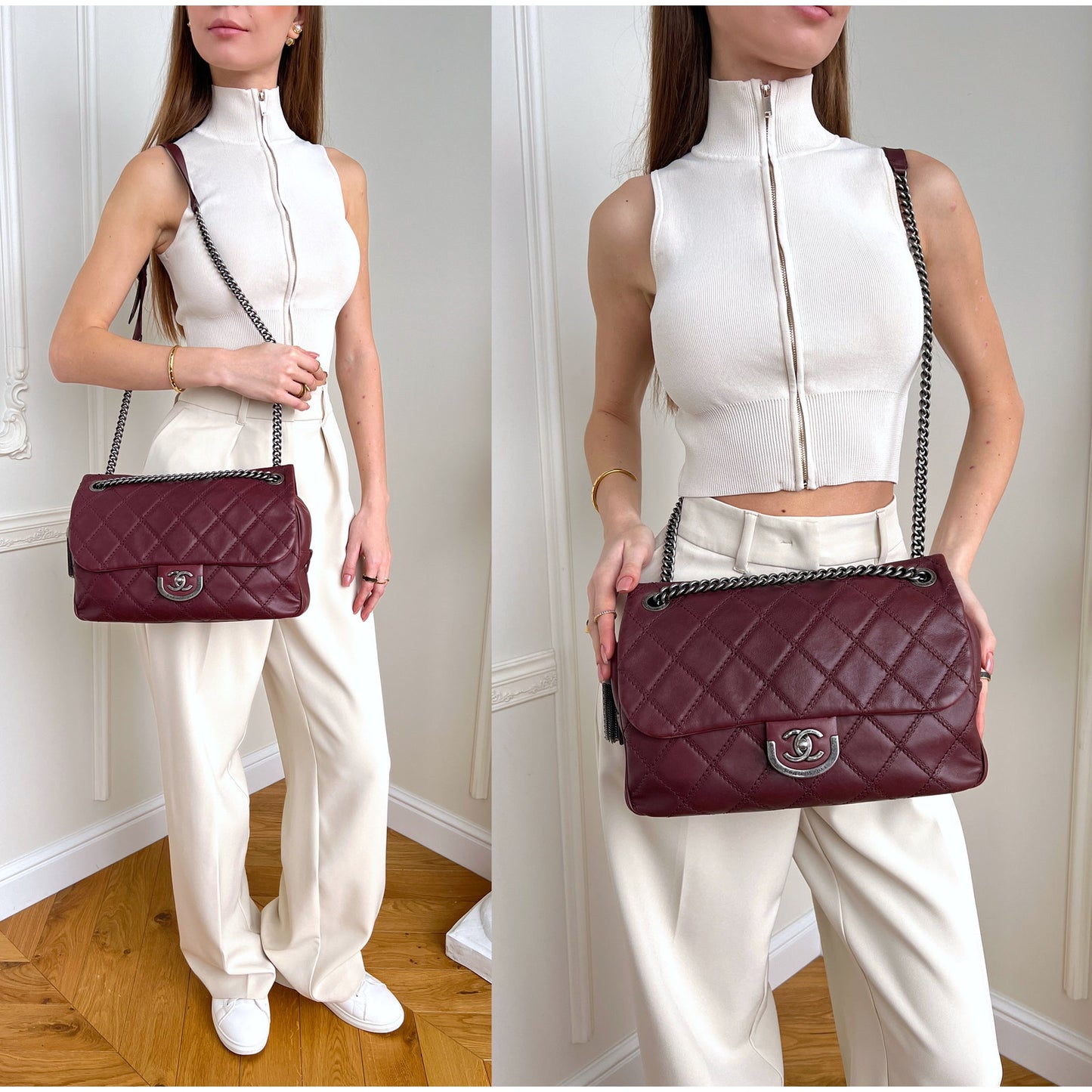 Authentic Chanel Flap Cambon 31 Rue Leather Burgundy Maroon Crossbody
