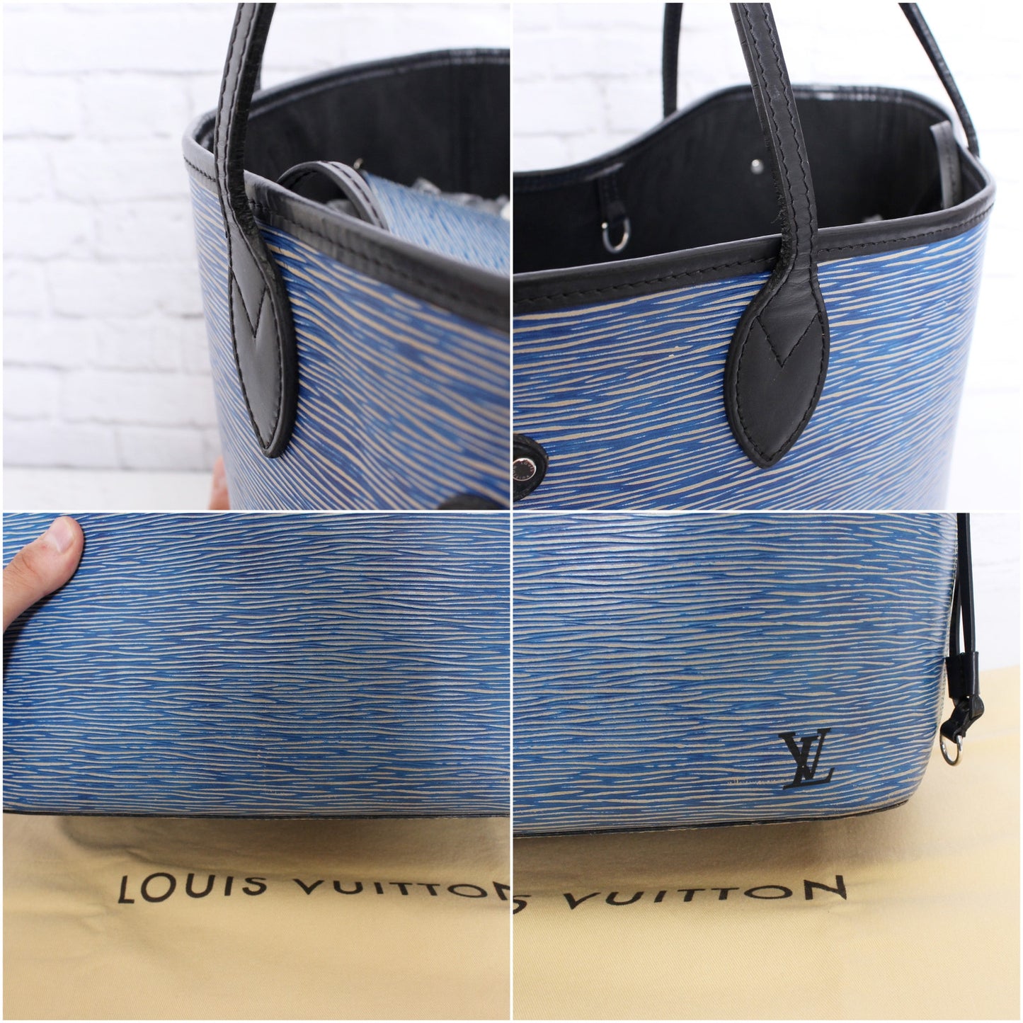Louis Vuitton Neverfull MM Denim Epi Tote Blue Leather Shoulder Handbag A4289
