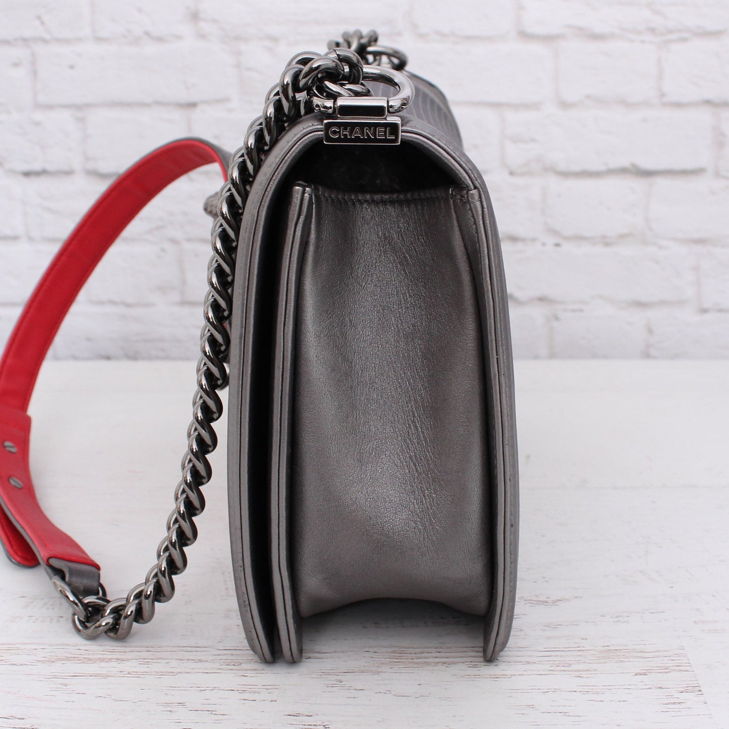 Chanel Boy Bag Cube Grey Lambskin Leather Shoulder Crossbody Purse A4572