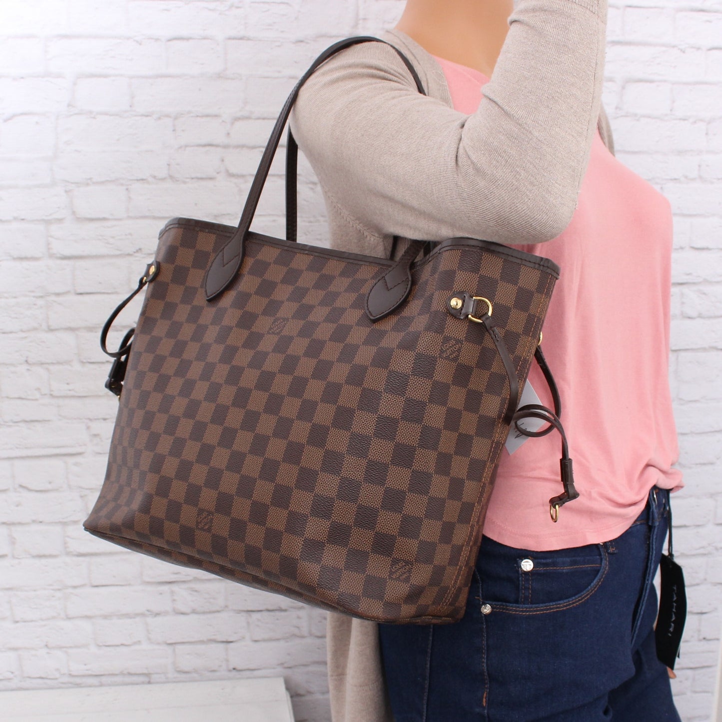 Louis Vuitton Neverfull MM Damier Ebene Leather Tote Shoulder Purse Brown A4633