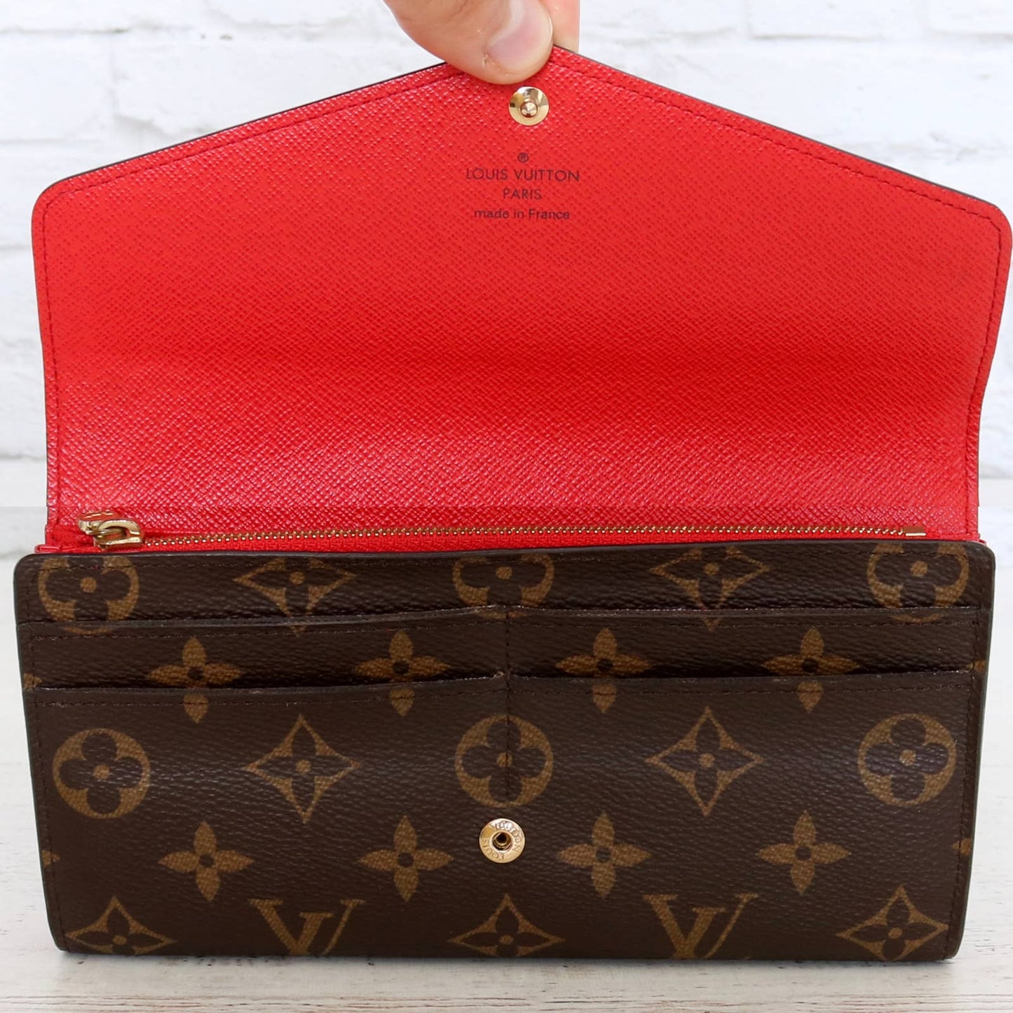 Louis Vuitton Sarah Wallet Monogram Red Trim with Box, Dust Bag, Gift Bundle