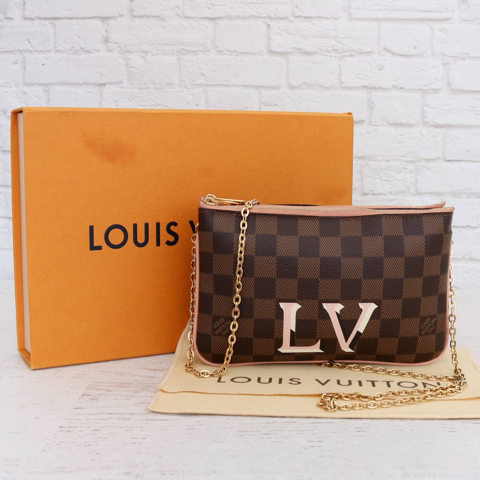 Louis Vuitton Double Zip Pochette Damier Ebene Crossbody Chain Bag Brandedmoda