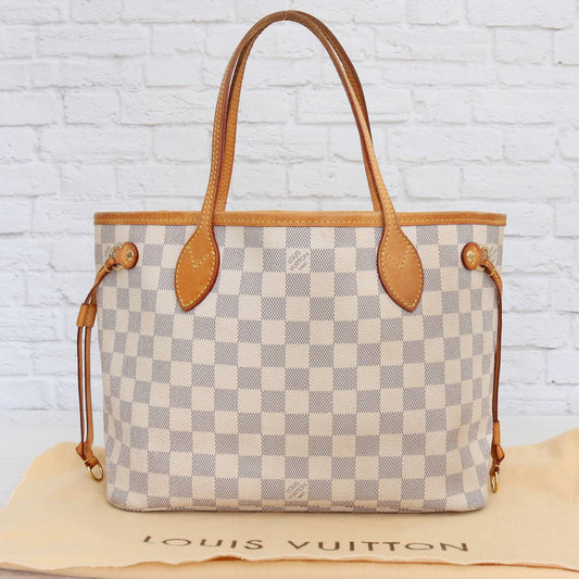 Louis Vuitton Neverfull PM Damier Azur Leather Tote Shoulder Bag White