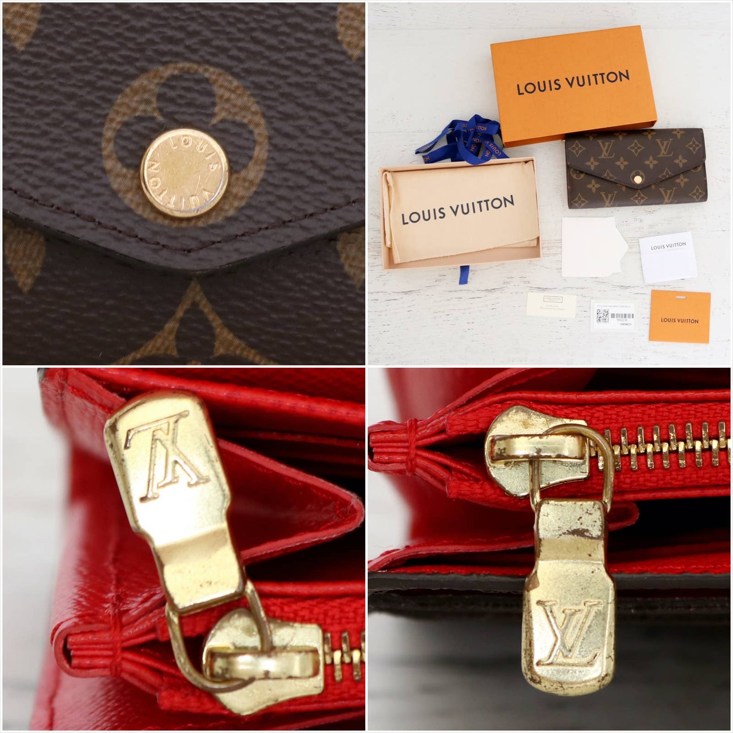Louis Vuitton Sarah Wallet Monogram Red Trim with Box, Dust Bag, Gift Bundle