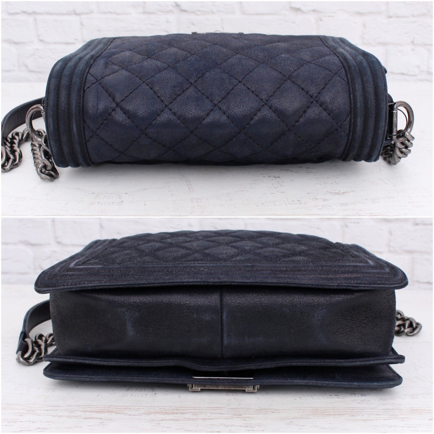 Chanel Boy Bag Navy Calfskin Leather Shoulder Crossbody Handbag Purse A4574