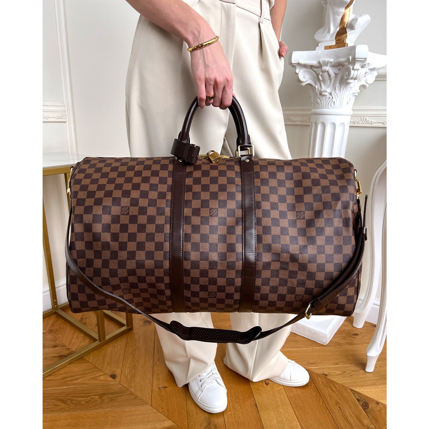 Authentic Louis Vuitton Keepall Bandouliere 55 Damier Ebene Travel Bag