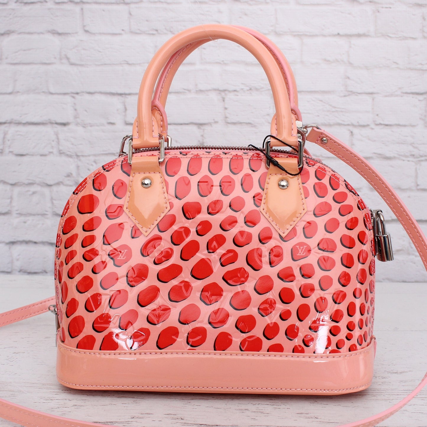 Louis Vuitton Alma BB Jung;e Dots Pink Vernis Crossbody Satchel Handbag A5535