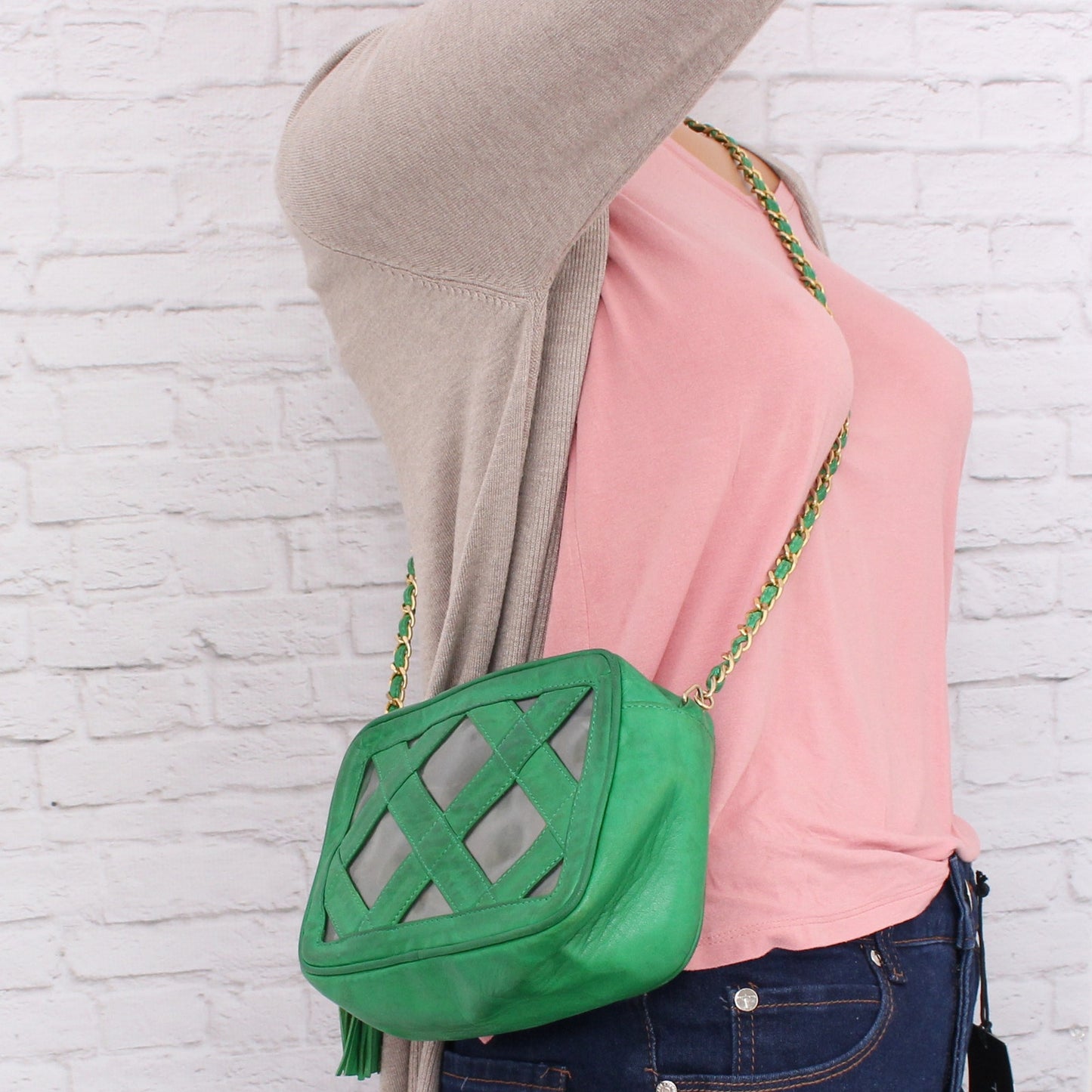 Chanel Vintage PVC Shoulder Bag Green Lambskin Leather Purse A2999