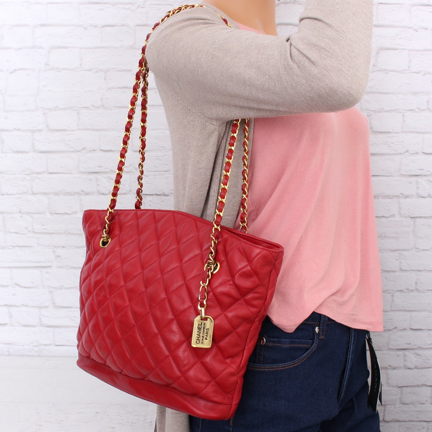 Chanel Chain Tote Red Lambskin Leather Shoulder Bag Handbag Purse A4604