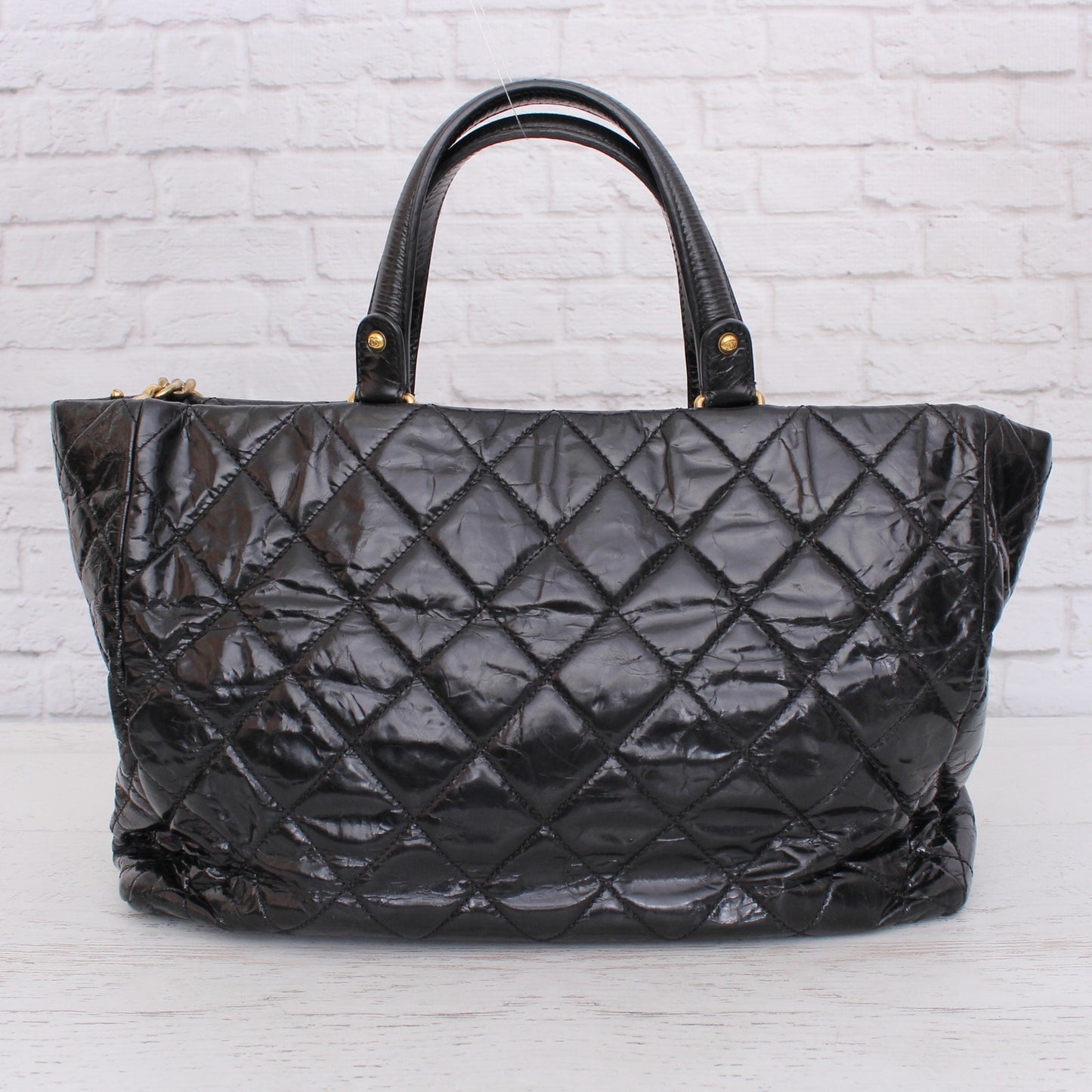 Chanel 2 Way Tote Black Glazed Calfskin Leather Shoulder Handbag Purse A4825