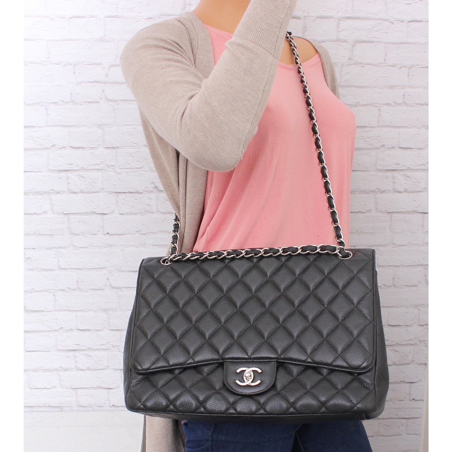 Chanel Jumbo Classic Single Flap Black Caviar Leather Shoulder Crossbody A4760
