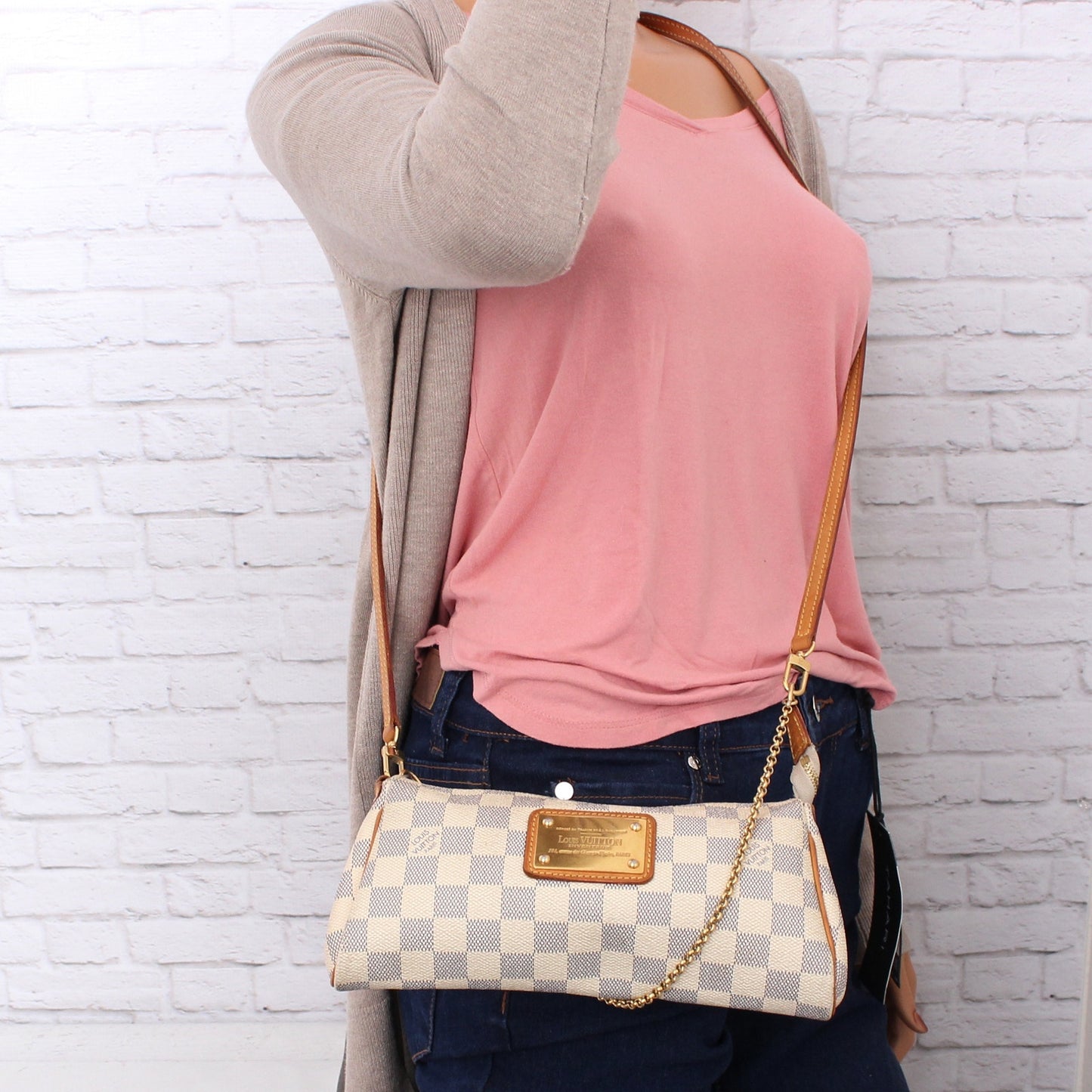 Louis Vuitton Eva Damier Azur Small Crossbody Shoulder Purse Chain Strap A4261