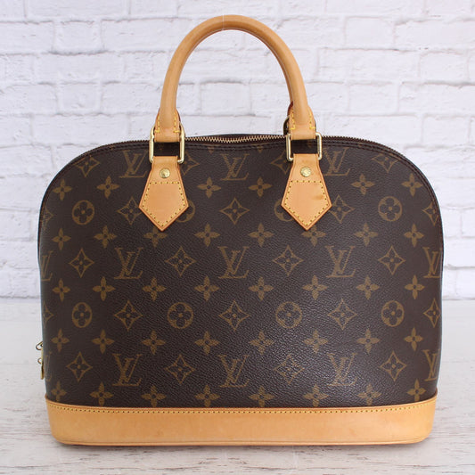 Louis Vuitton Alma MM Monogram Satchel Brown Leather Handbag Zip Tote