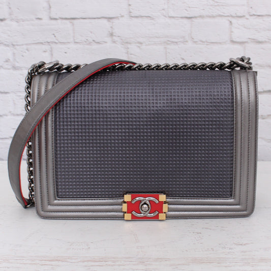 Chanel Boy Bag Cube Grey Lambskin Leather Shoulder Crossbody Purse A4572