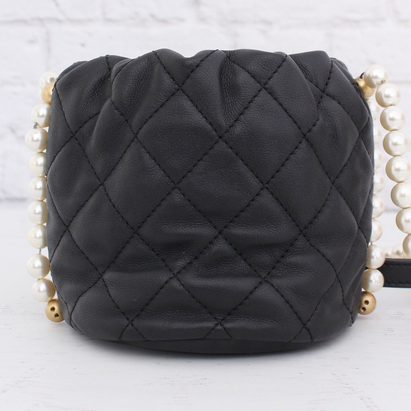 Chanel Pearl Chain Mini Black Lambskin Bucket Bag Shoulder Purse