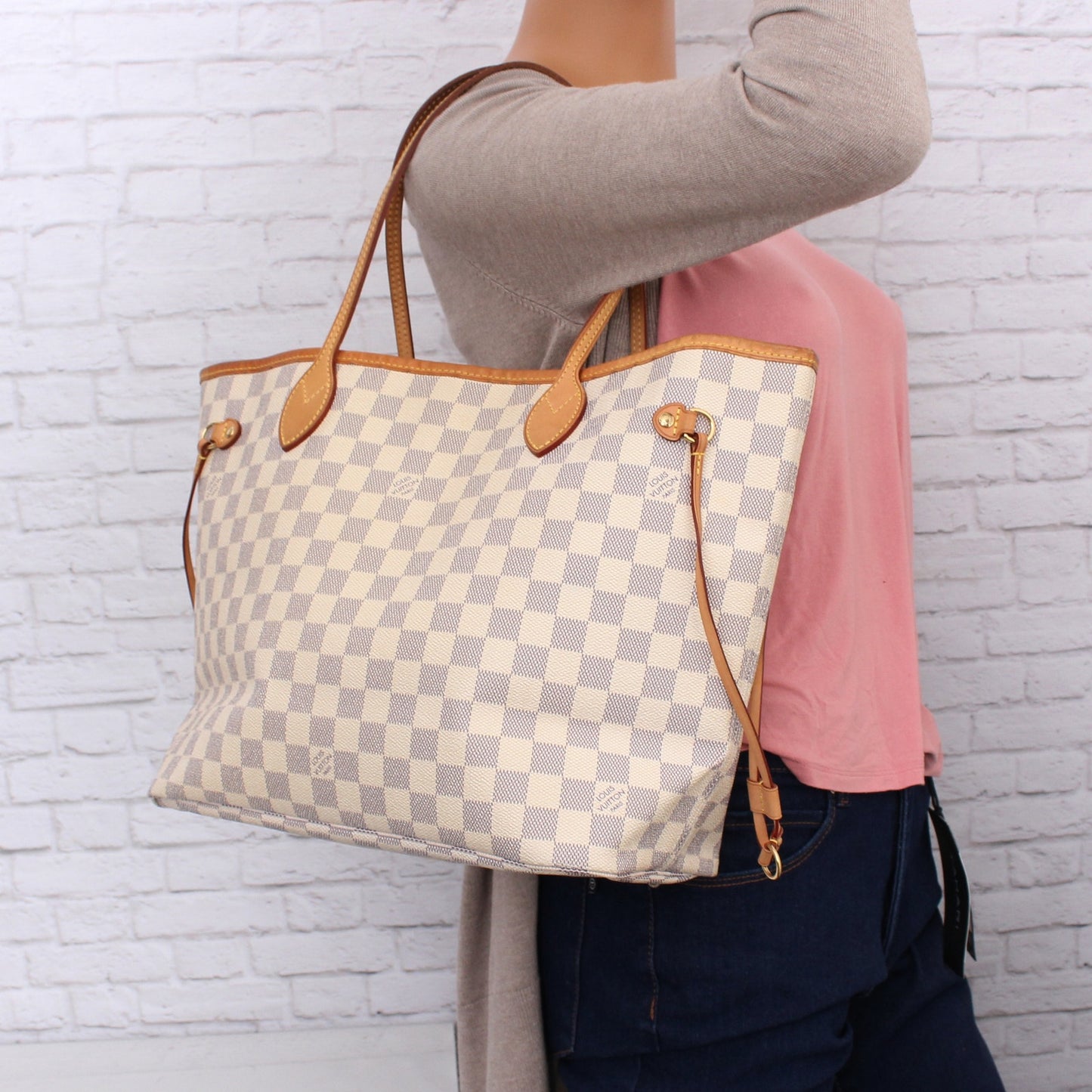 Louis Vuitton Neverfull MM Damier Azur Tote Shoulder Purse White Handbag A5147