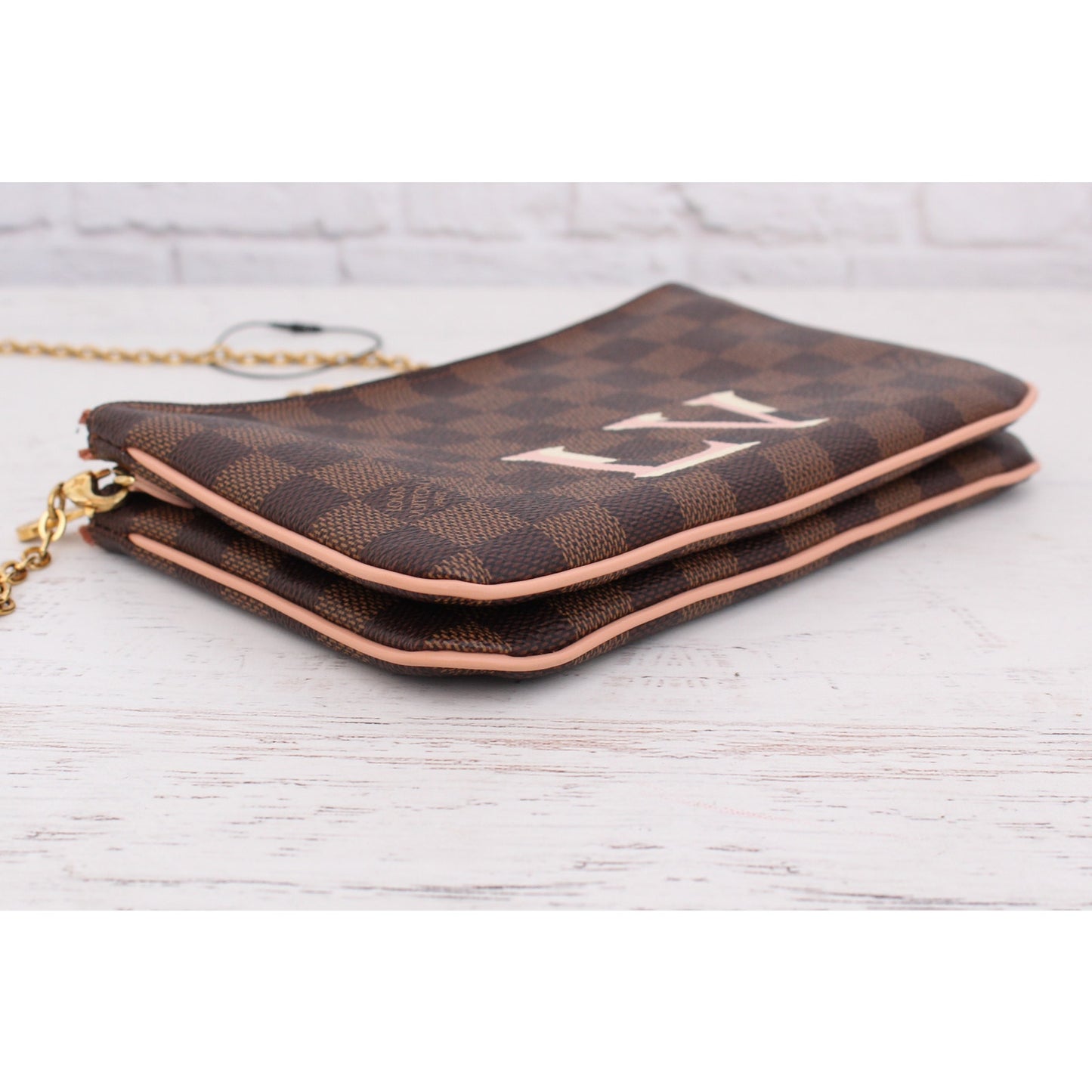 Louis Vuitton Double Zip Pochette Damier Ebene Crossbody Purse Chain A3985