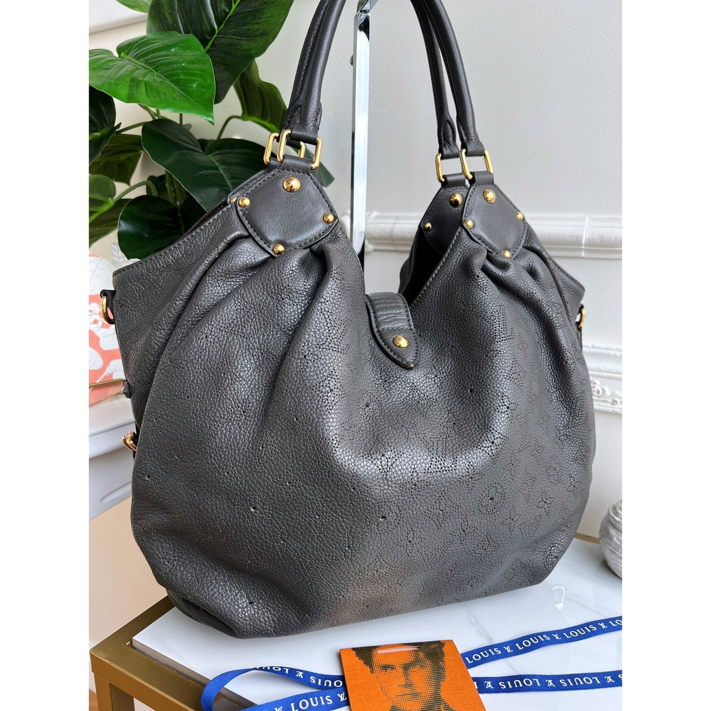 Louis Vuitton Mahina L Leather Gray Monogram Hobo