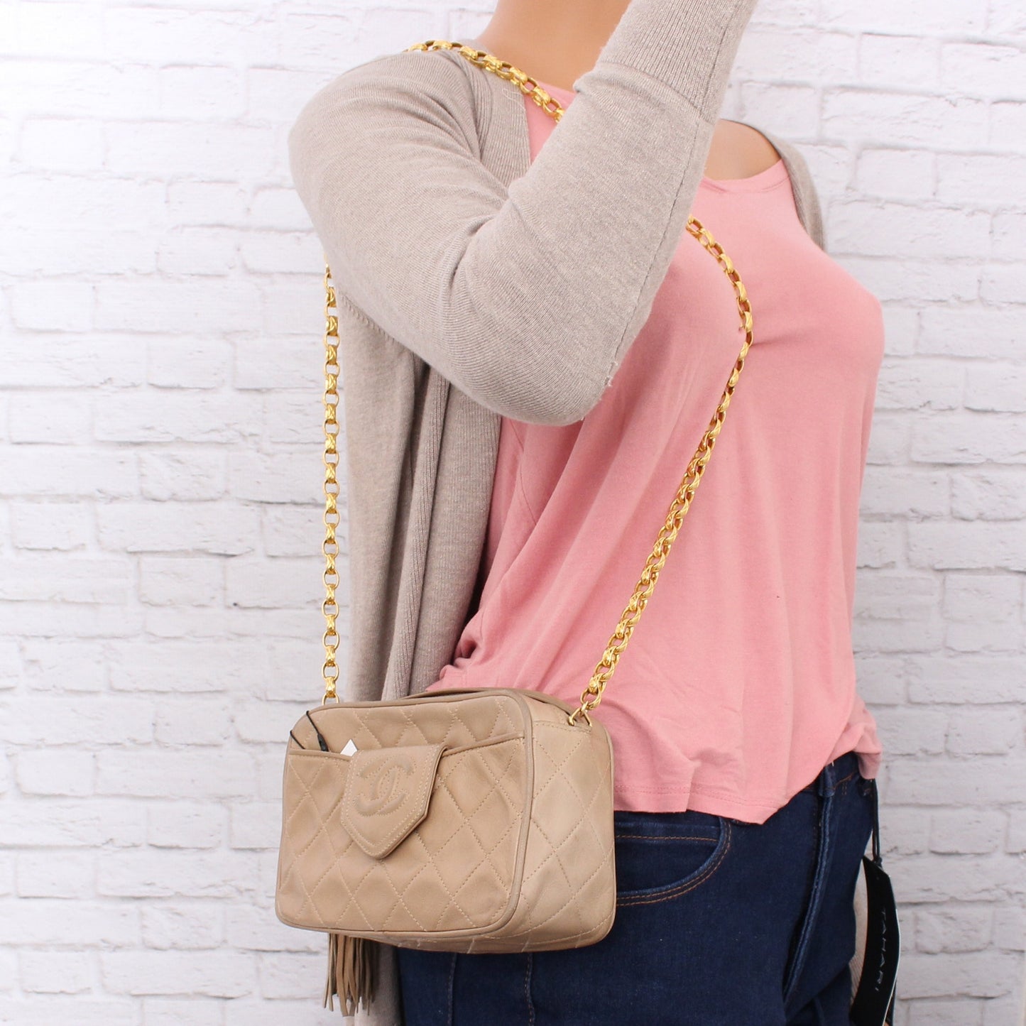 Chanel CC Camera Bag Beige Lambskin Leather Shoulder Crossbody Handbag A4790