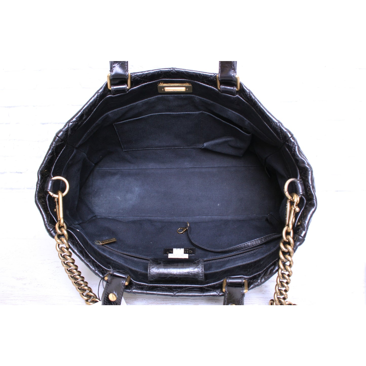 Chanel 2 Way Tote Black Glazed Calfskin Leather Shoulder Handbag Purse A4825