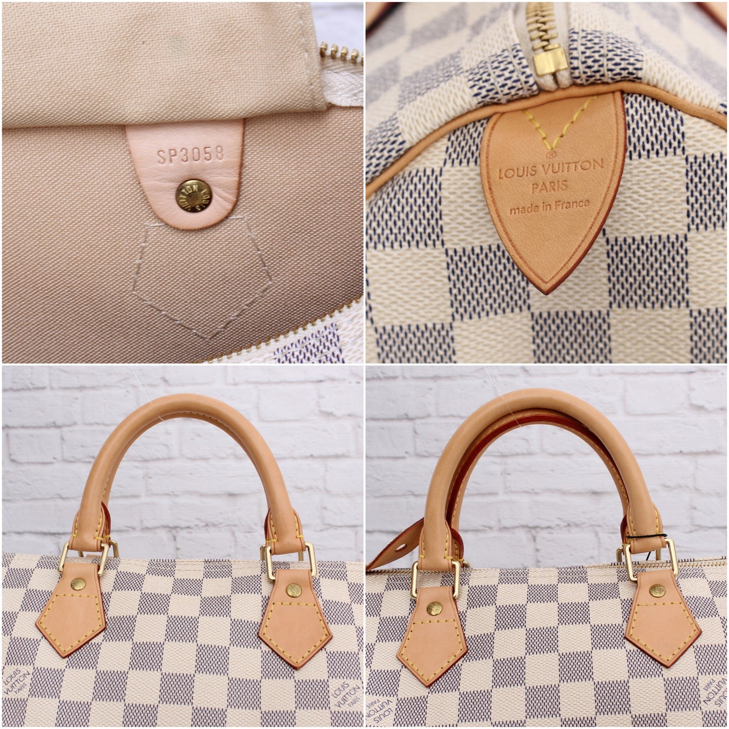 Louis Vuitton Speedy 30 Damier Azur Satchel White Boston Leather Handbag A5364