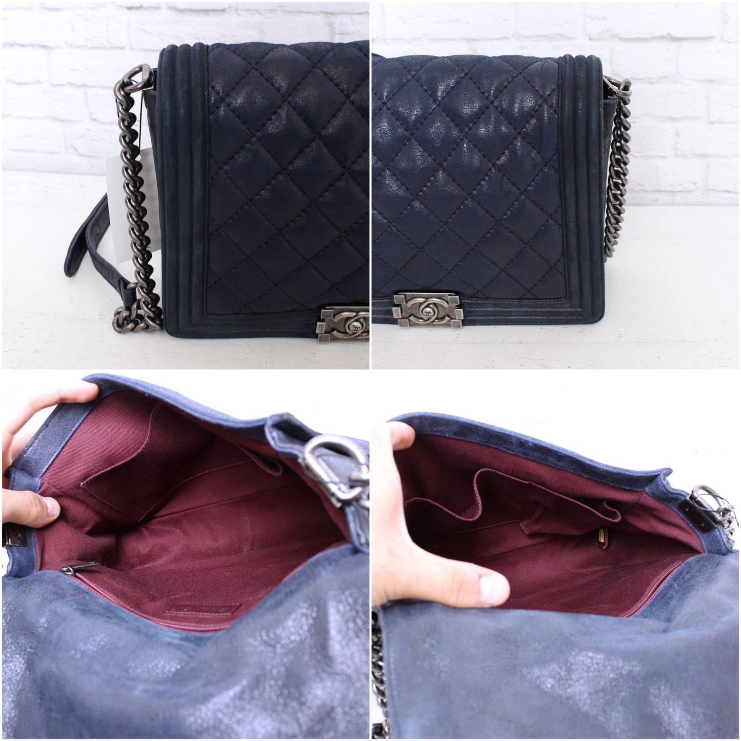 Chanel Boy Bag Navy Calfskin Leather Shoulder Crossbody Handbag Purse A4574