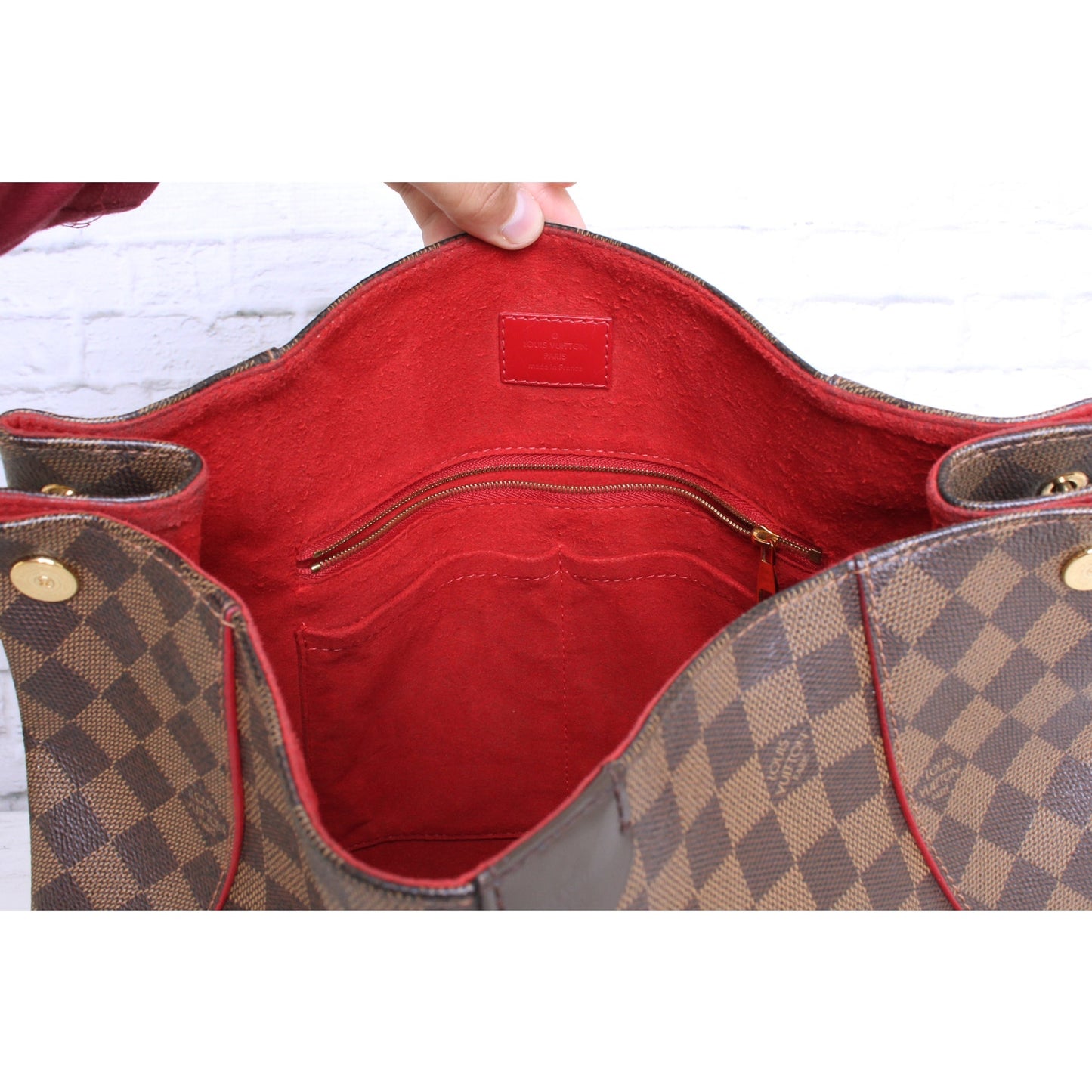 Louis Vuitton Caissa Hobo Damier Ebene Shoulder Bag Tote Large Red Zip