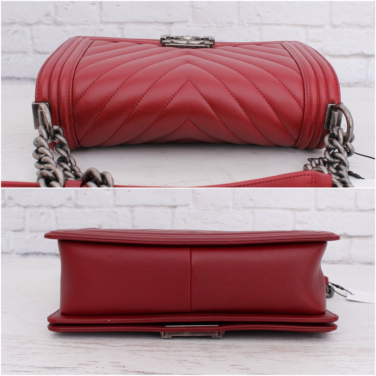 Chanel Boy Bag V Stitch Red Calfskin Leather Shoulder Bag Handbag Purse A4736