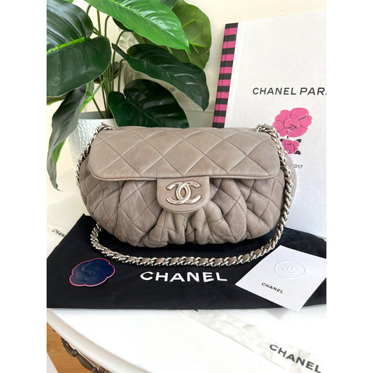 Authentic Chanel Quilted Large Chain Flap Taupe Crossbody Gray Clutch