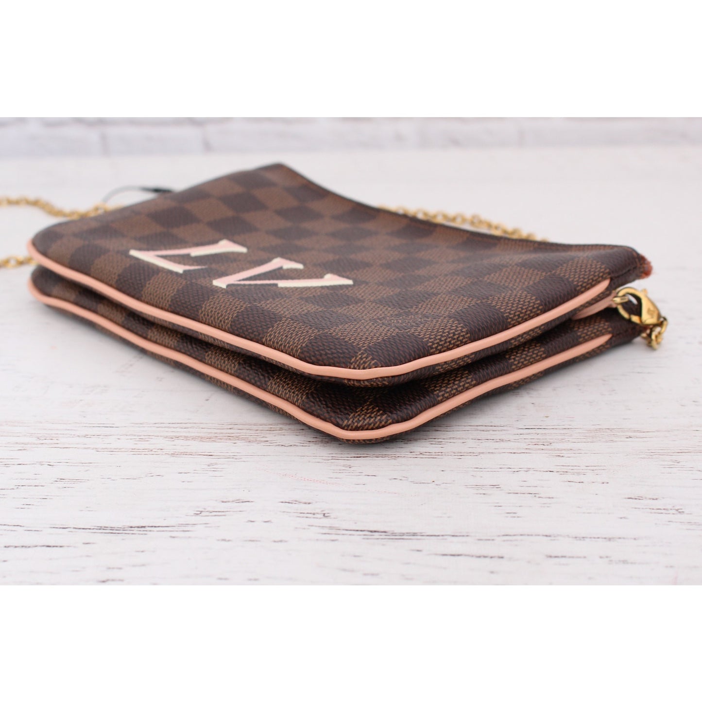 Louis Vuitton Double Zip Pochette Damier Ebene Crossbody Purse Chain A3985