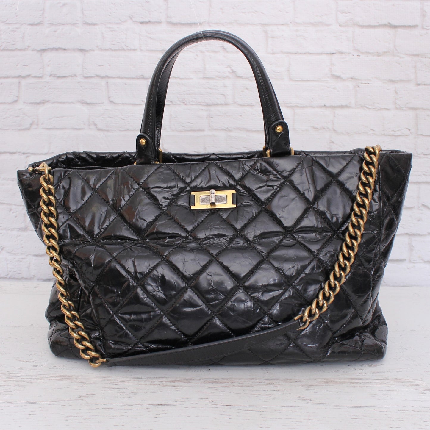 Chanel 2 Way Tote Black Glazed Calfskin Leather Shoulder Handbag Purse A4825