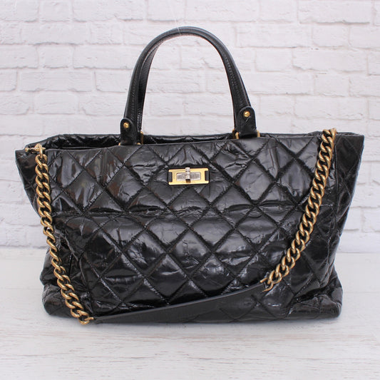 Chanel 2 Way Tote Black Glazed Calfskin Leather Shoulder Handbag Purse A4825