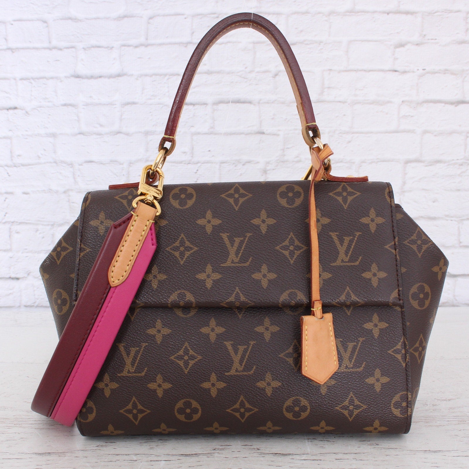 Louis Vuitton Cluny BB Monogram Crossbody Fuchsia Leather Strap Satchel