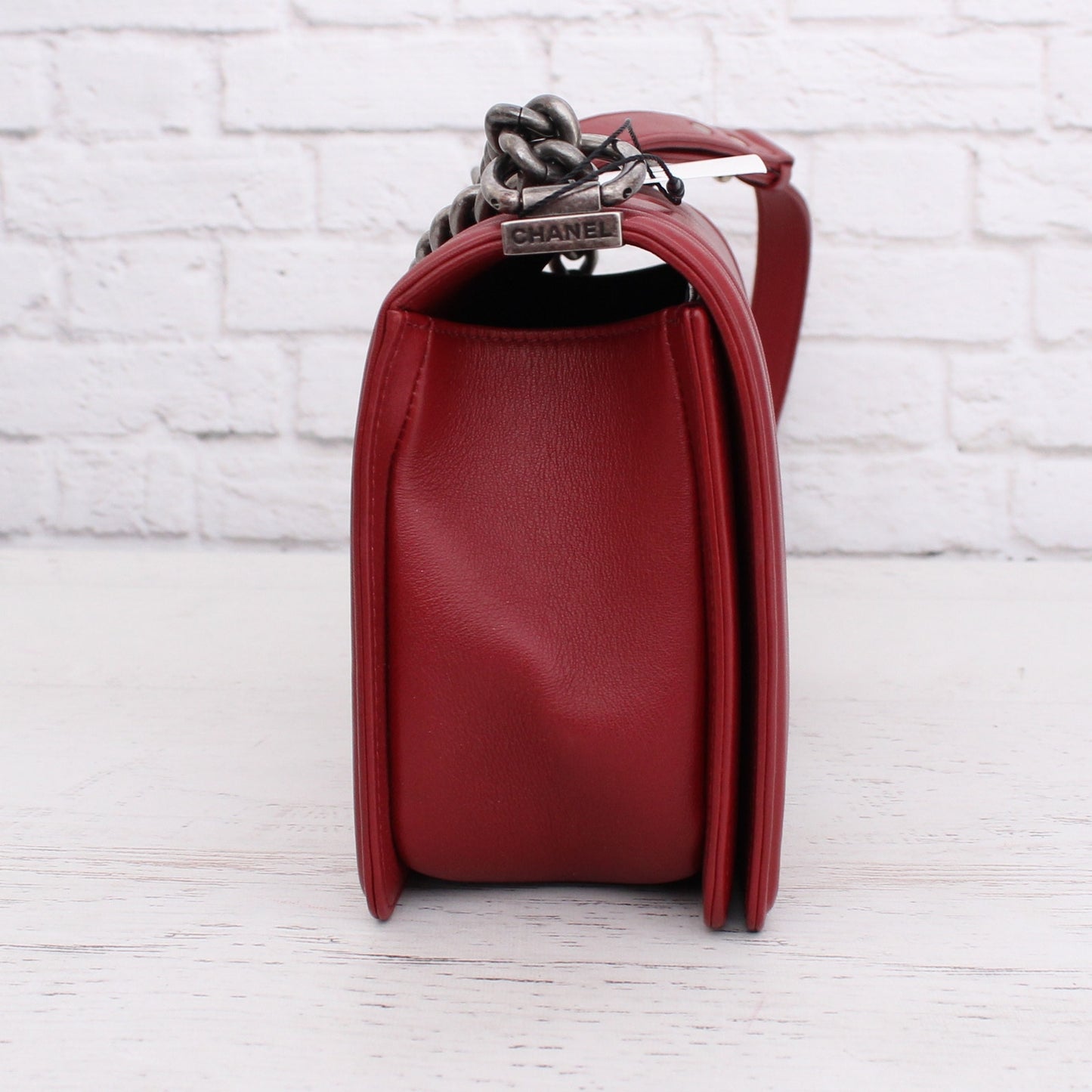 Chanel Boy Bag V Stitch Red Calfskin Leather Shoulder Bag Handbag Purse A4736