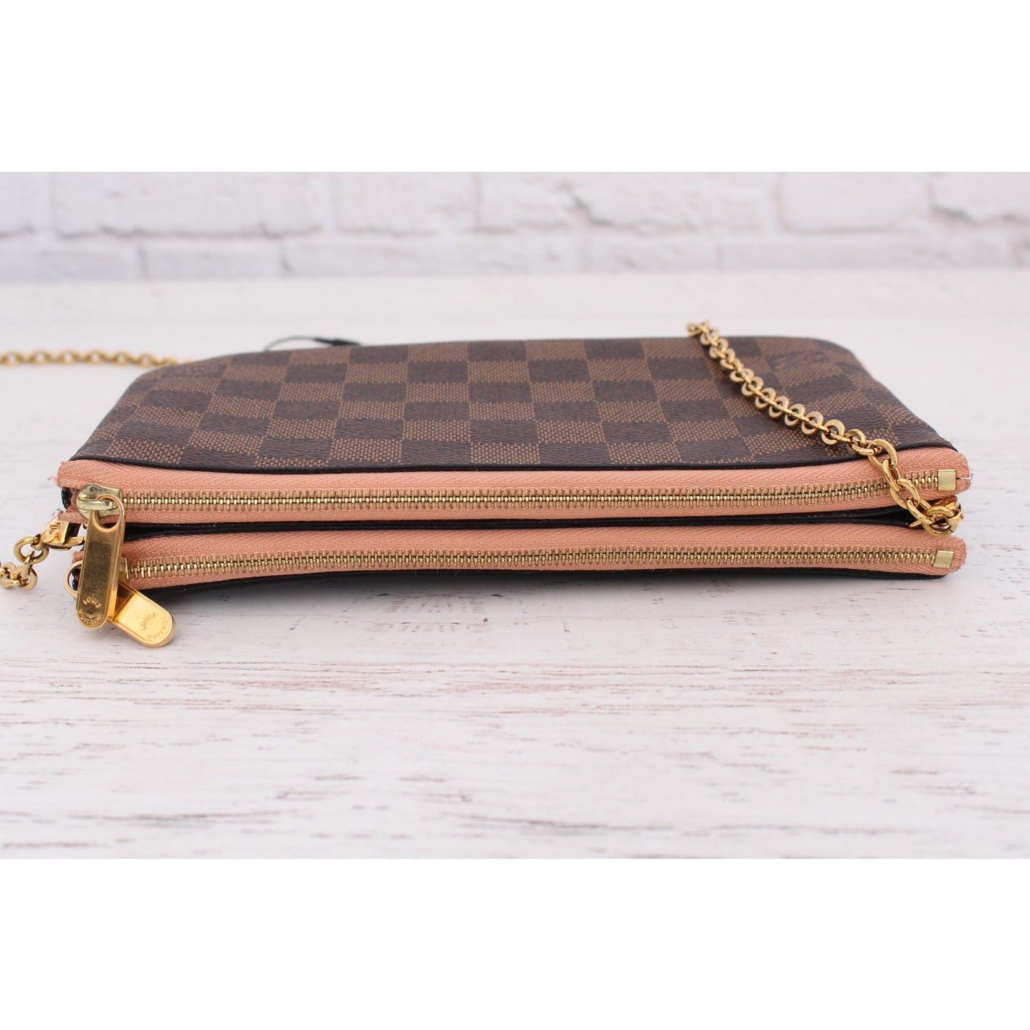 Louis Vuitton Double Zip Pochette Damier Ebene Crossbody Purse Chain A3985