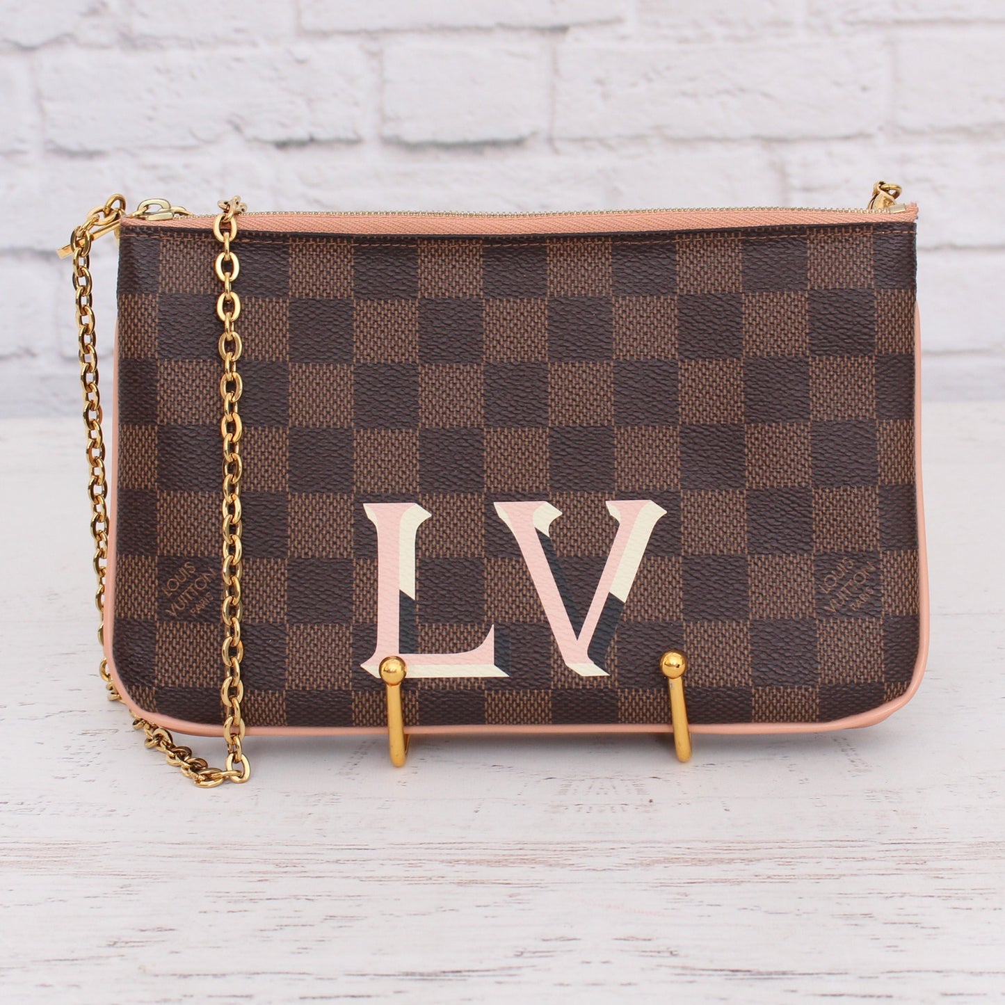 Louis Vuitton Double Zip Pochette Damier Ebene Crossbody Purse Chain A3985