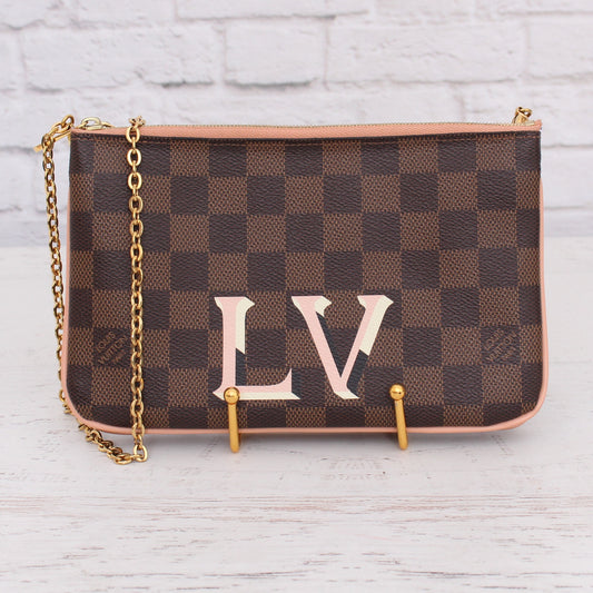 Louis Vuitton Double Zip Pochette Damier Ebene Crossbody Purse Chain A3985