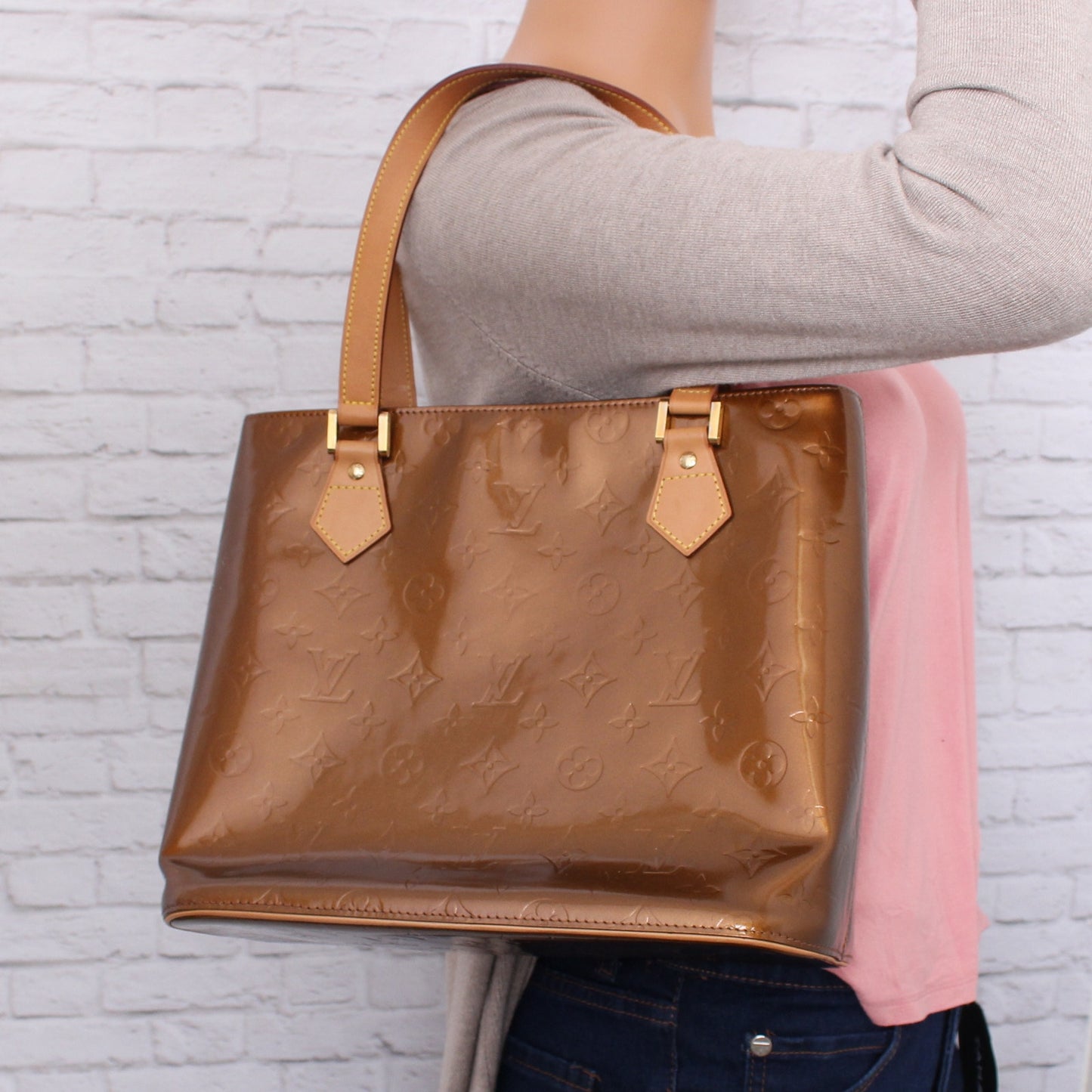 Louis Vuitton Houston Caramel Vernis Satchel Shoulder Handbag Purse Tote A5121
